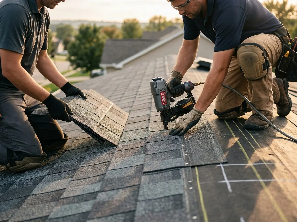 Professional roofer working on a residential roof in Hiawatha